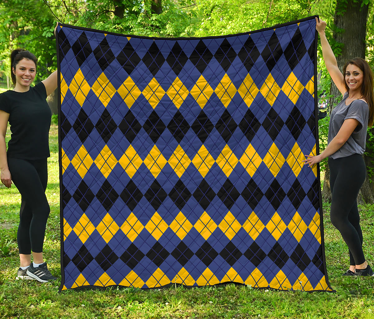 Black Yellow And Blue Argyle Print Quilt