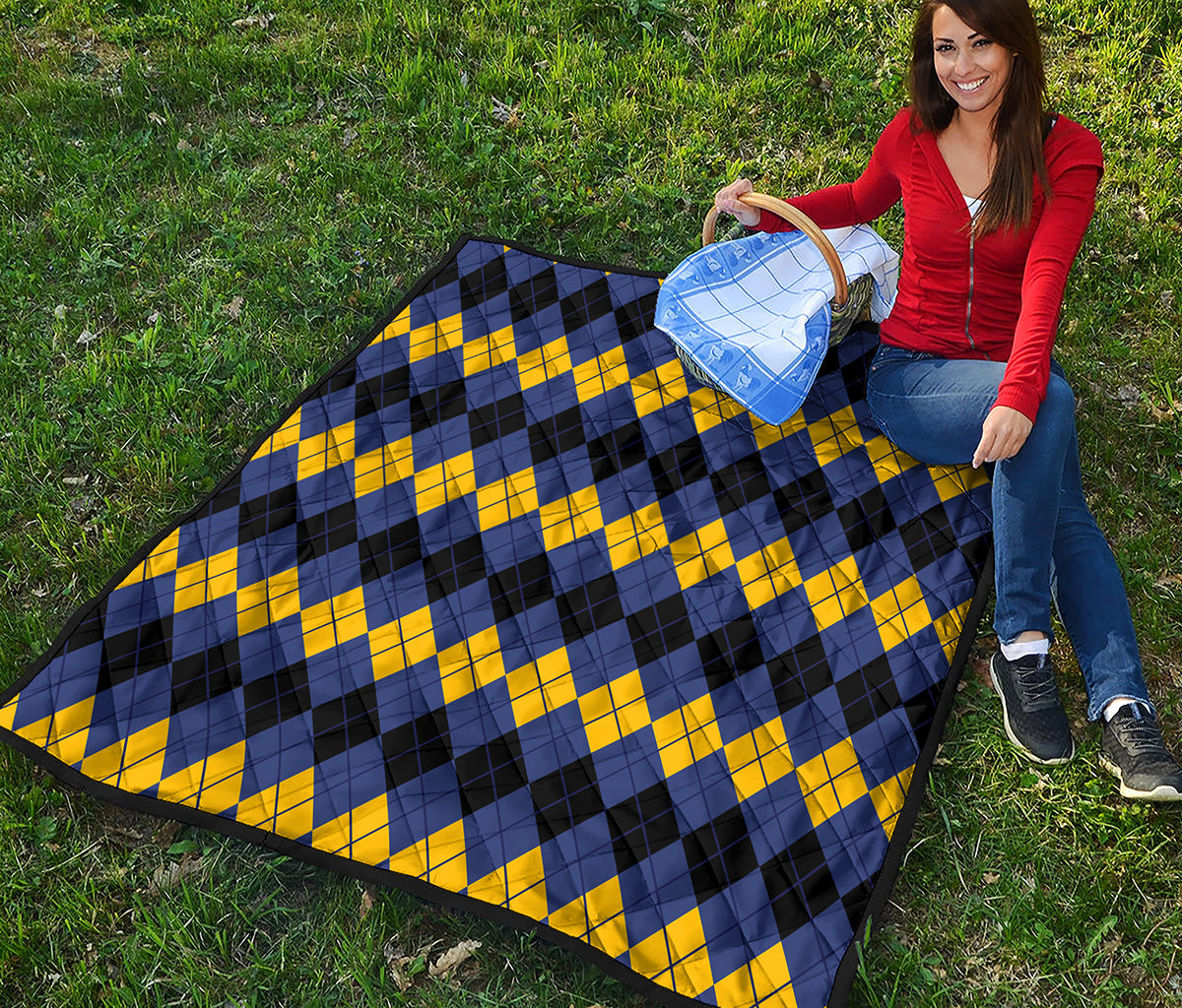 Black Yellow And Blue Argyle Print Quilt