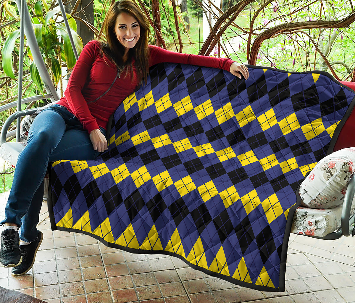 Black Yellow And Blue Argyle Print Quilt