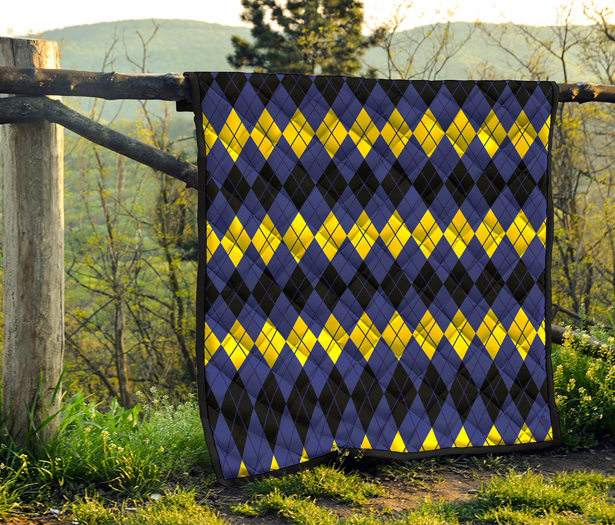 Black Yellow And Blue Argyle Print Quilt
