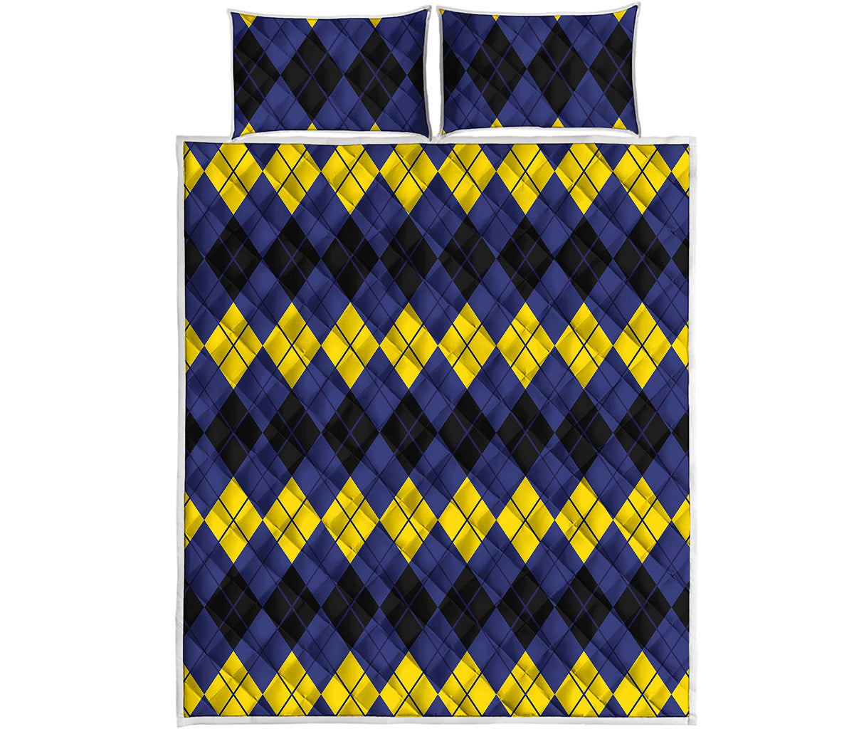 Black Yellow And Blue Argyle Print Quilt Bed Set