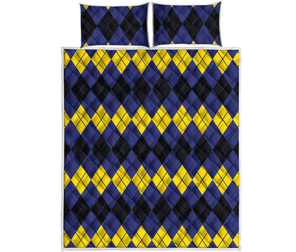 Black Yellow And Blue Argyle Print Quilt Bed Set