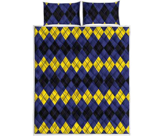 Black Yellow And Blue Argyle Print Quilt Bed Set