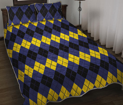Black Yellow And Blue Argyle Print Quilt Bed Set