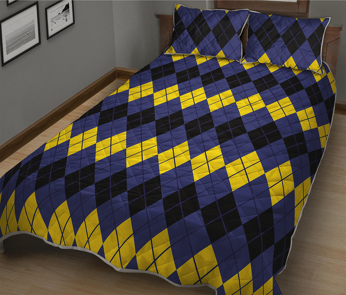 Black Yellow And Blue Argyle Print Quilt Bed Set
