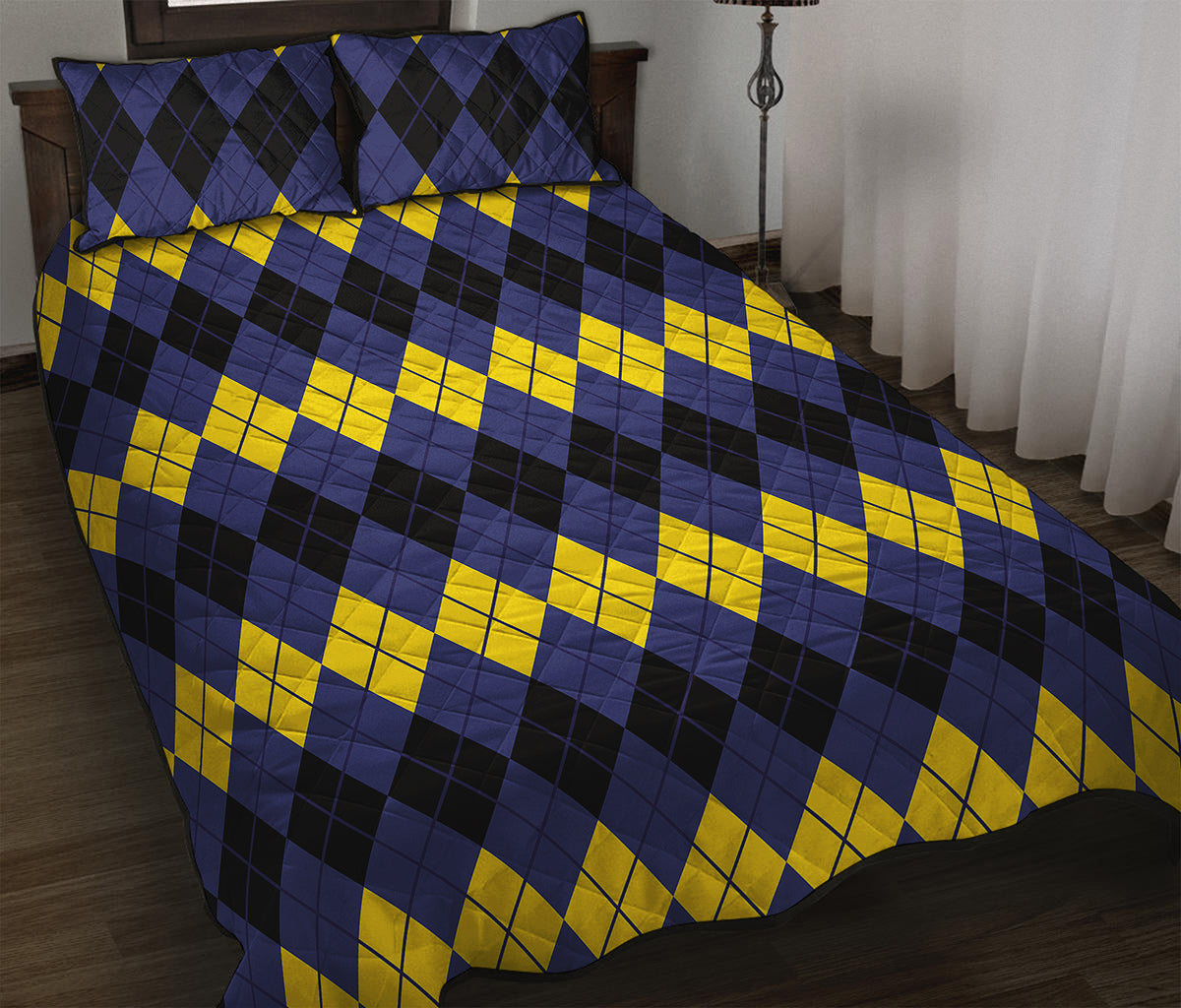 Black Yellow And Blue Argyle Print Quilt Bed Set