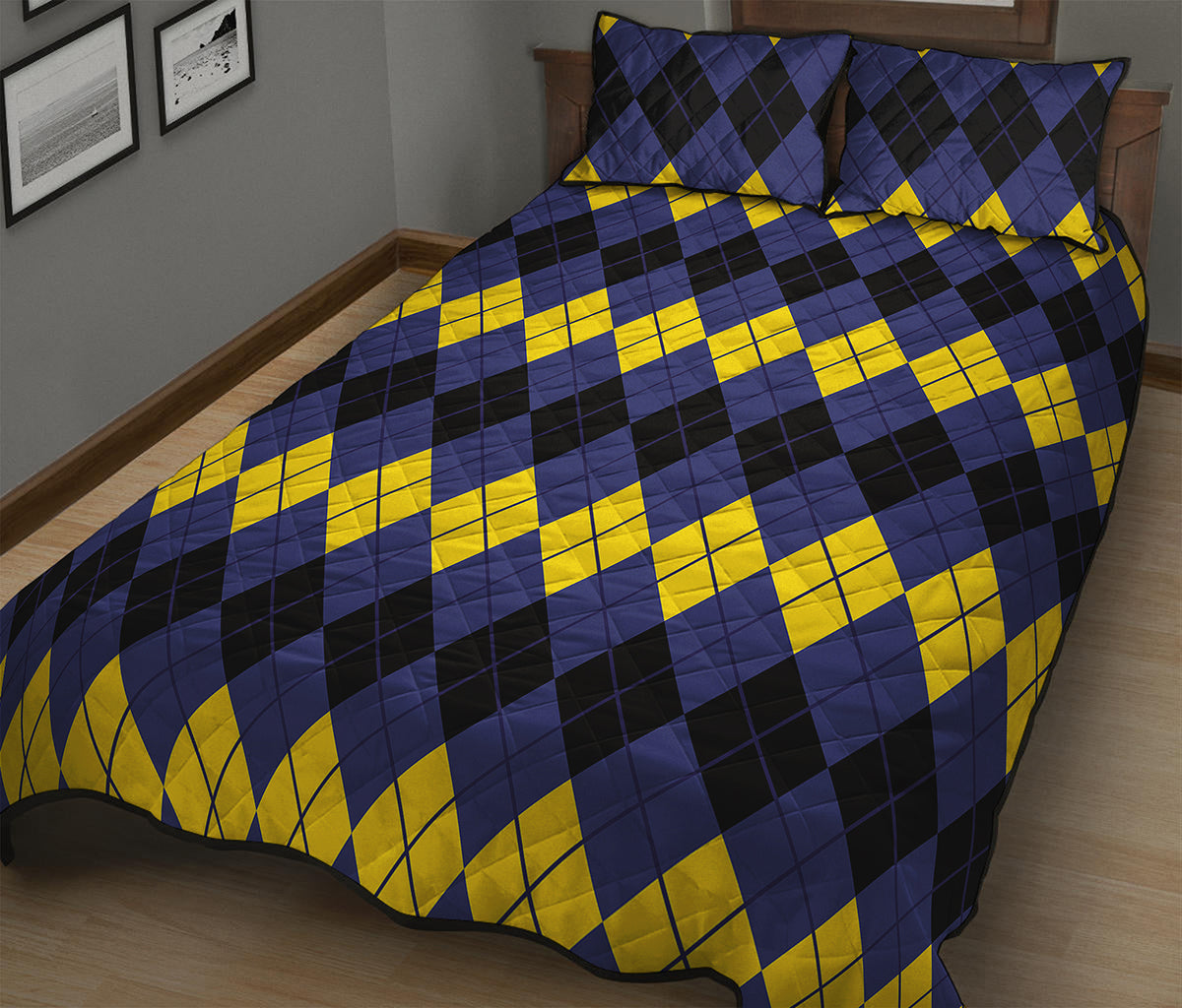 Black Yellow And Blue Argyle Print Quilt Bed Set