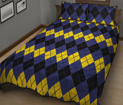 Black Yellow And Blue Argyle Print Quilt Bed Set