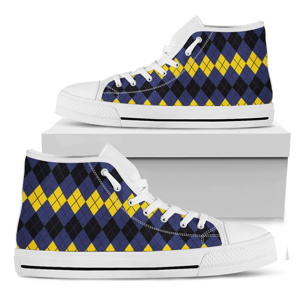 Black Yellow And Blue Argyle Print White High Top Shoes