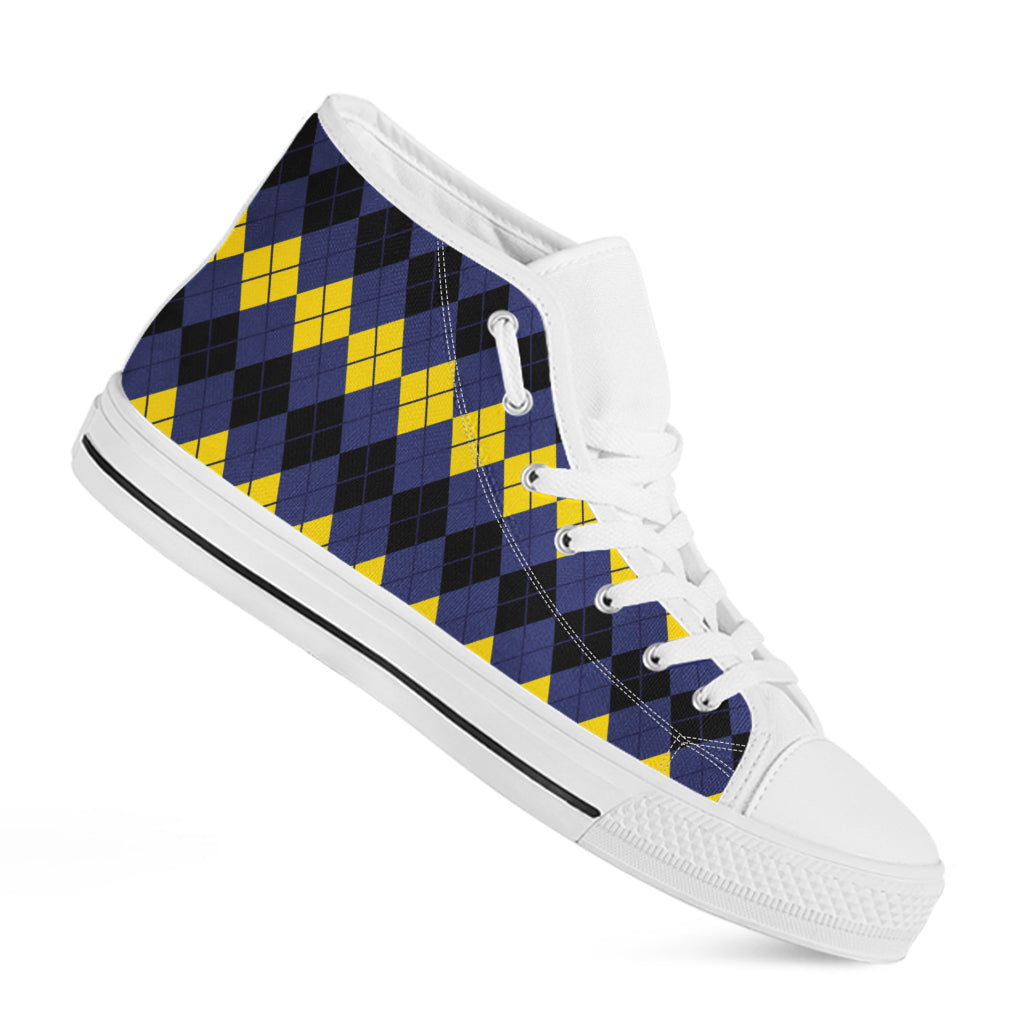 Black Yellow And Blue Argyle Print White High Top Shoes