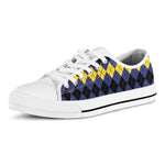 Black Yellow And Blue Argyle Print White Low Top Shoes