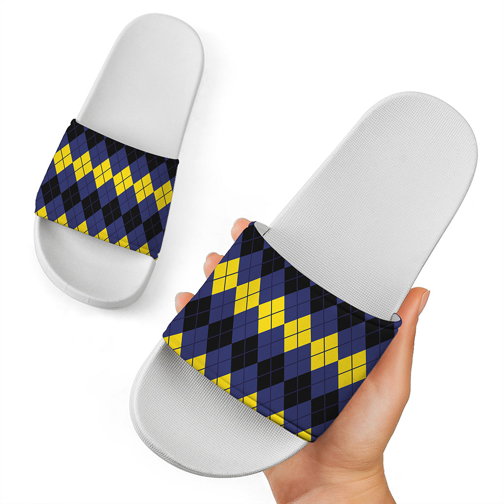 Black Yellow And Blue Argyle Print White Slide Sandals