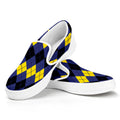 Black Yellow And Blue Argyle Print White Slip On Sneakers