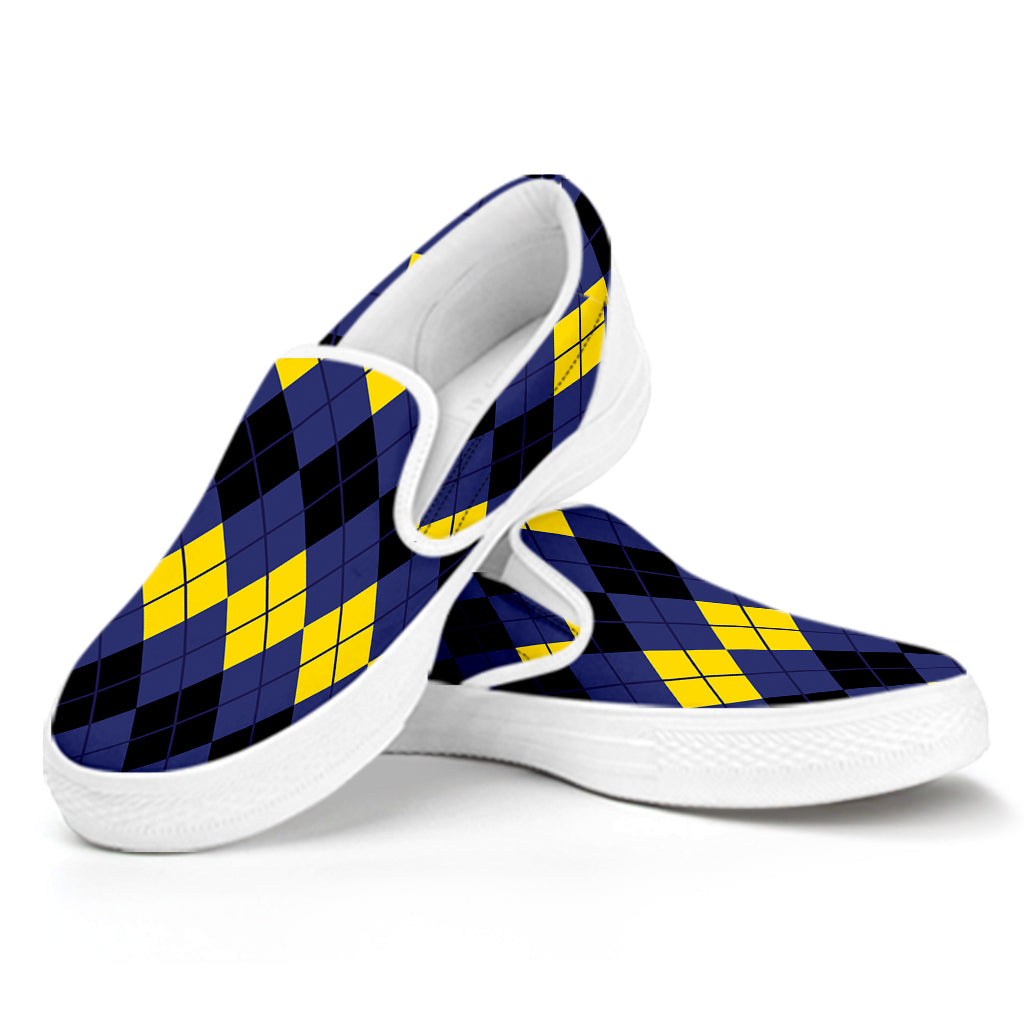 Black Yellow And Blue Argyle Print White Slip On Shoes