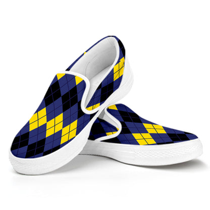 Black Yellow And Blue Argyle Print White Slip On Shoes