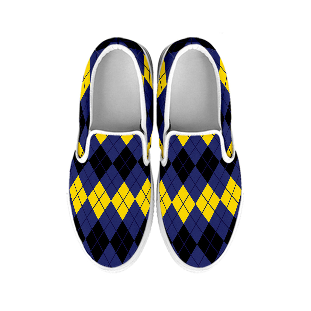 Black Yellow And Blue Argyle Print White Slip On Shoes
