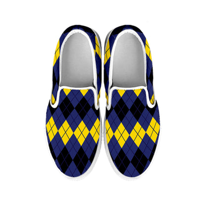 Black Yellow And Blue Argyle Print White Slip On Shoes
