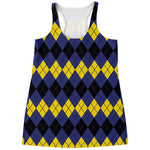 Black Yellow And Blue Argyle Print Women's Racerback Tank Top