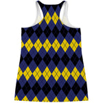 Black Yellow And Blue Argyle Print Women's Racerback Tank Top