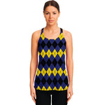 Black Yellow And Blue Argyle Print Women's Racerback Tank Top