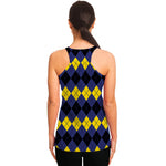 Black Yellow And Blue Argyle Print Women's Racerback Tank Top