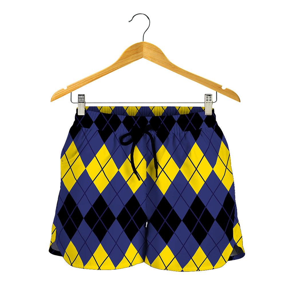 Black Yellow And Blue Argyle Print Women's Shorts