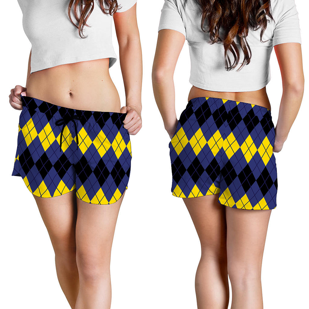 Black Yellow And Blue Argyle Print Women's Shorts