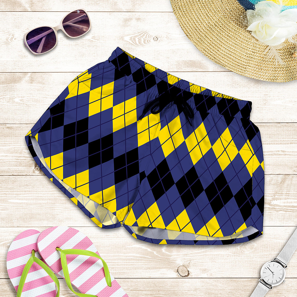 Black Yellow And Blue Argyle Print Women's Shorts