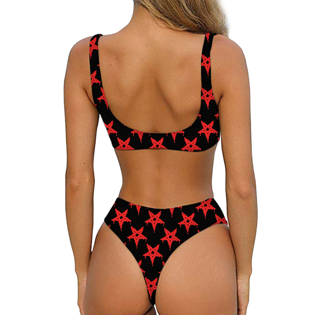 Bloody Satanic Pentagram Pattern Print Front Bow Tie Bikini