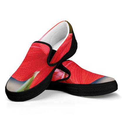 Blooming Amaryllis Print Black Slip On Shoes