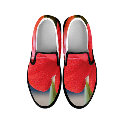 Blooming Amaryllis Print Black Slip On Shoes