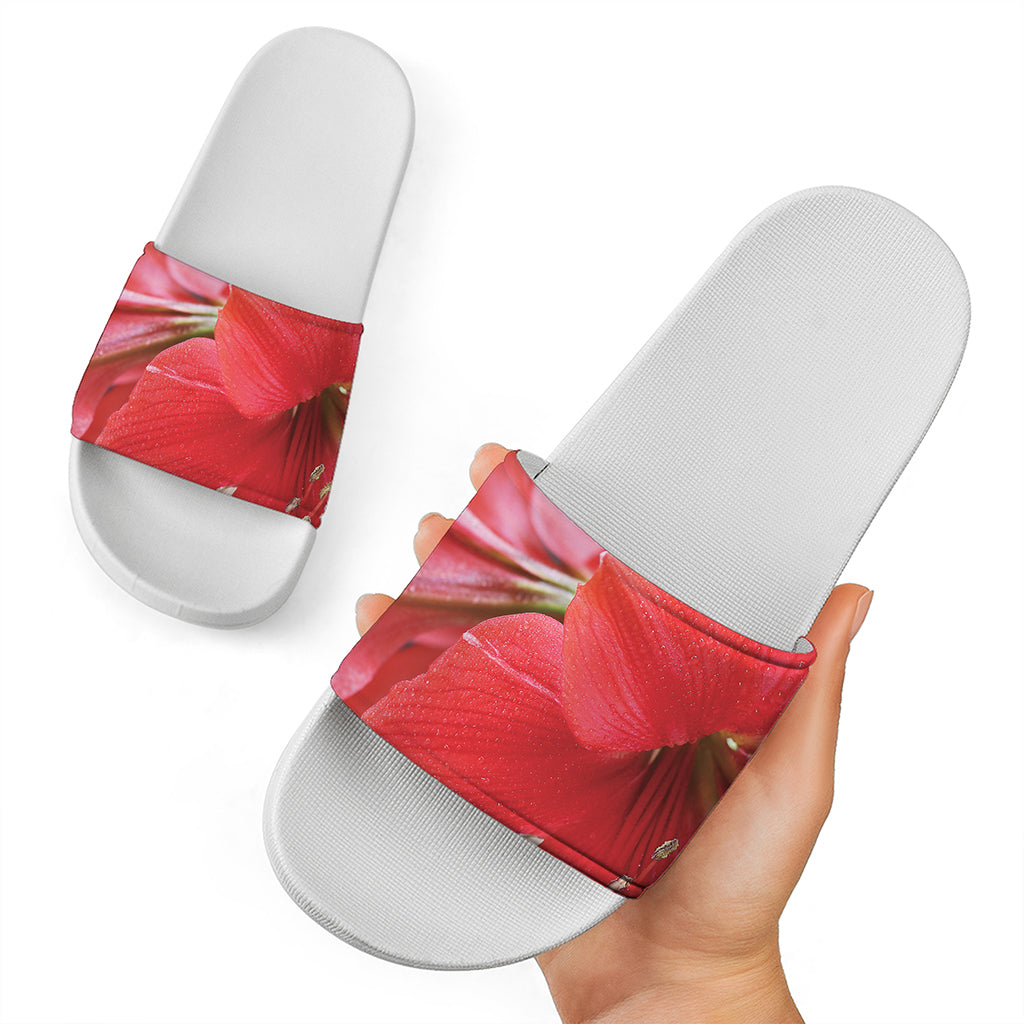 Blooming Amaryllis Print White Slide Sandals