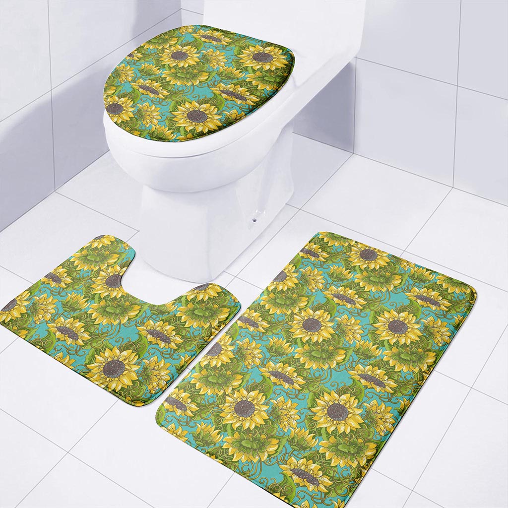 Blooming Sunflower Pattern Print 3 Piece Bath Mat Set
