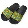 Blooming Sunflower Pattern Print Black Slide Sandals