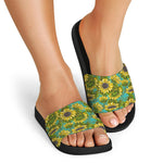 Blooming Sunflower Pattern Print Black Slide Sandals