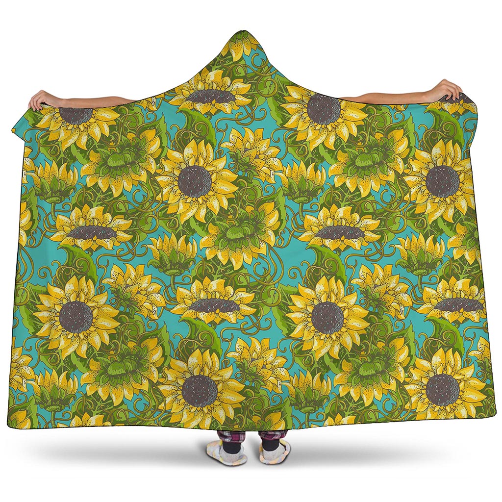 Blooming Sunflower Pattern Print Hooded Blanket