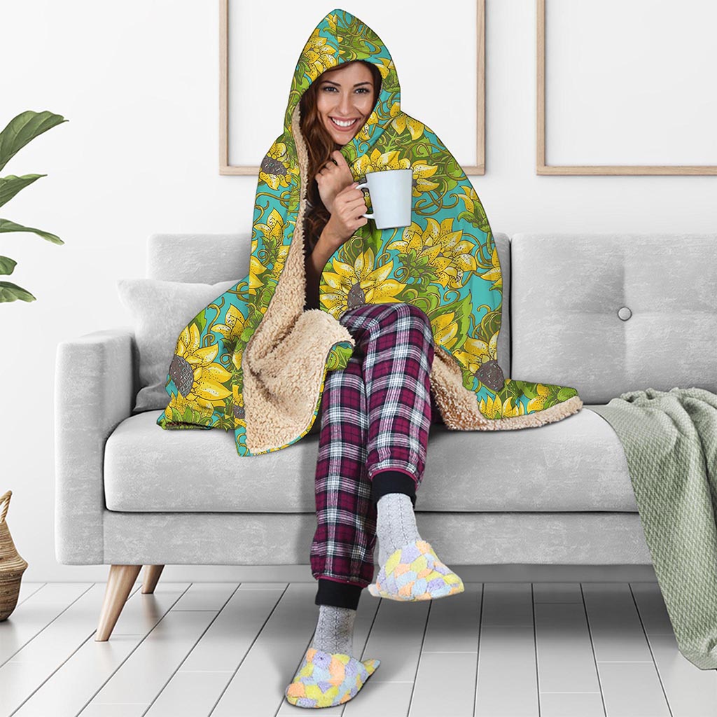 Blooming Sunflower Pattern Print Hooded Blanket