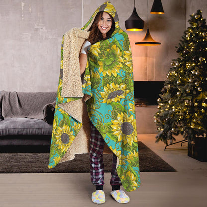 Blooming Sunflower Pattern Print Hooded Blanket