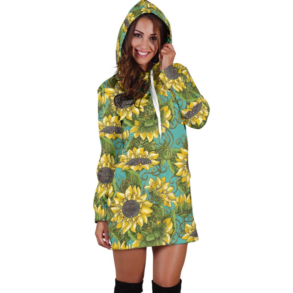 Blooming Sunflower Pattern Print Hoodie Dress GearFrost