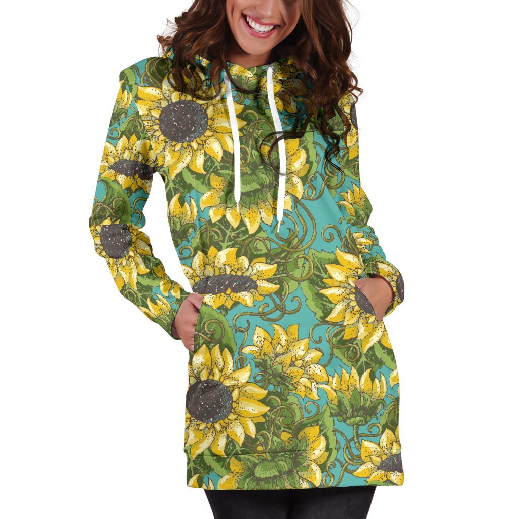 Blooming Sunflower Pattern Print Hoodie Dress GearFrost