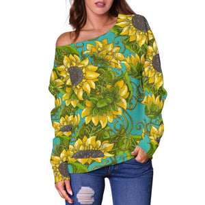 Blooming Sunflower Pattern Print Off Shoulder Sweatshirt GearFrost