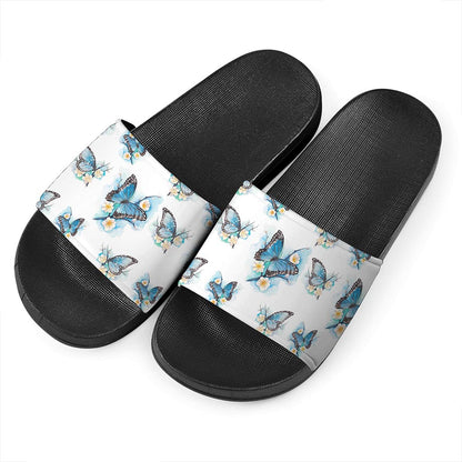 Blossom Blue Butterfly Pattern Print Black Slide Sandals