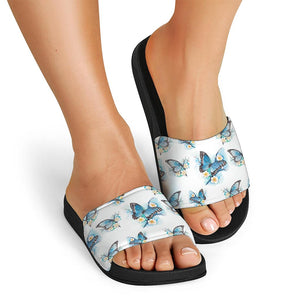 Blossom Blue Butterfly Pattern Print Black Slide Sandals