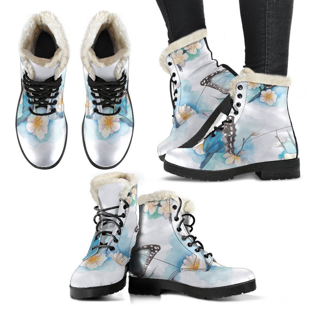 Blossom Blue Butterfly Pattern Print Comfy Boots GearFrost