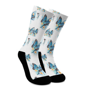 Blossom Blue Butterfly Pattern Print Crew Socks