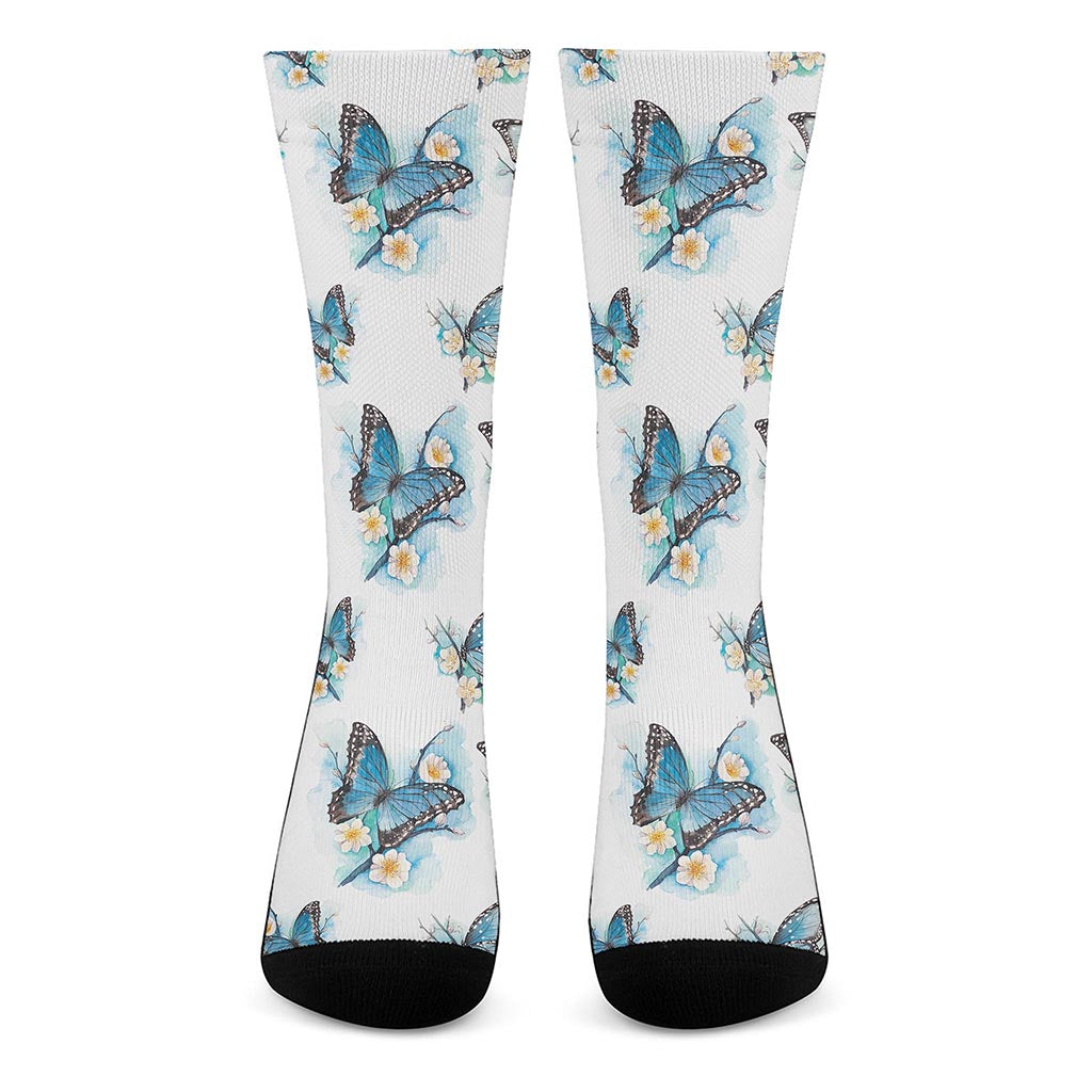 Blossom Blue Butterfly Pattern Print Crew Socks