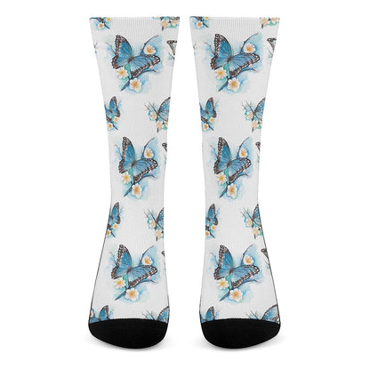 Blossom Blue Butterfly Pattern Print Crew Socks