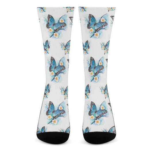 Blossom Blue Butterfly Pattern Print Crew Socks