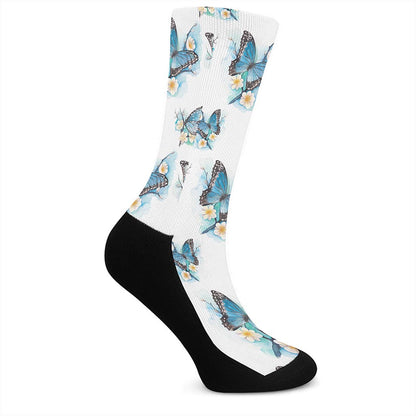 Blossom Blue Butterfly Pattern Print Crew Socks