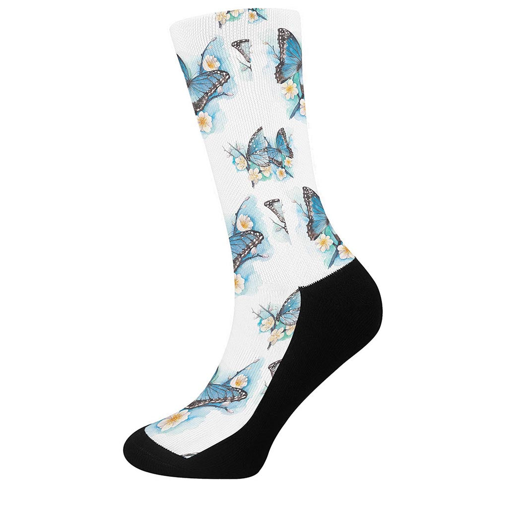 Blossom Blue Butterfly Pattern Print Crew Socks